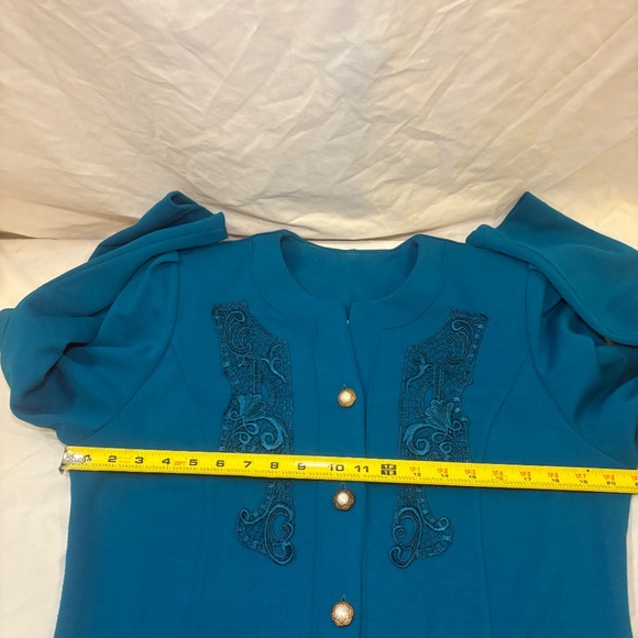 Pablo Collection Blue/Green V-Neck Button Lace Skirt Suit Set Size P14 Vtg 80s - Picture 10 of 11